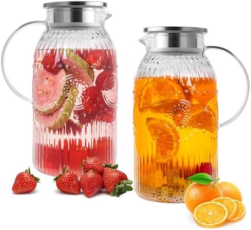 Bandesun Glass Pitcher with Lid, 68 oz/ 2 Liter 2Pack Vintage Water Pitcher,Glass Water Carafe for Cold Brew, Coffee, Lemonade, Iced Tea,Beverage, Heat Resistant Jug by Bandesun