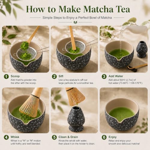 7PCS Matcha Set, Matcha Making Kit Includes Matcha Whisk and Bowl, Tea Lid, Scoop, Strainer and Match Whisk Holder, Tea Towel, Matcha Whisk Set for Matcha Lovers (Black) - Image 5