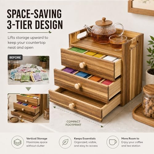 Acacia Wood Tea Bag Organizer, 3-Tier Tea Organizers with 14 Compartments - Image 4