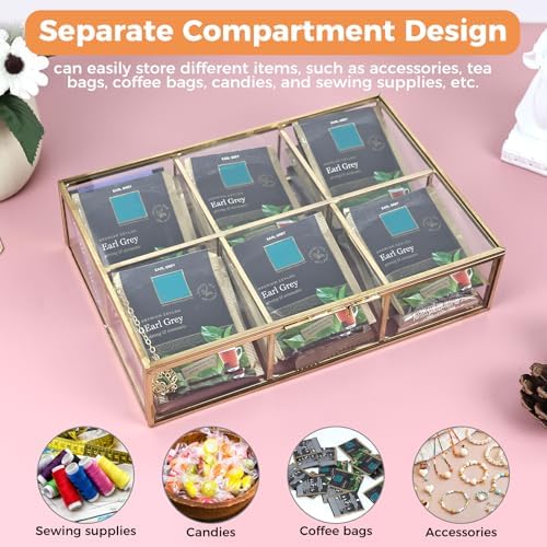 Gold Glass Tea Bag Organizer, Tea bag Storage Glass Box (6 Compartments) - Image 3