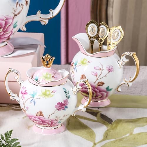 21-Piece Bone China Tea Set for 6, Vintage Floral Bird Porcelain Tea Set, Pink Tea Cups with Teapot, Sugar Bowl, Creamer & Saucers, Gold Trim, Ideal Gift for Women & Tea Lovers - Image 4