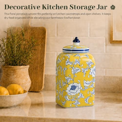 12.5" H Ceramic Kitchen Canisters for Countertop, Tea & Coffee Bean Storage Canister with Airtight Lid, Hand-painted Chinoiserie Decor Ginger Jar for Home Decor, 155 fl oz - Yellow Peony - Image 5