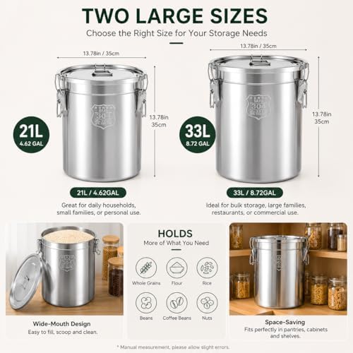 33L/8.72gal Stainless Steel Airtight Canister, Food Storage Canisters with Airtight Lid&Locking Clamp, Rice Cereal Grain Canisters Container, Storager Bucket for Flour, Coffee Bean, Sugar, Cookie - Image 2