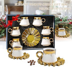 3.5oz Ceramic Turkish Coffee Cup Set of 6, Porcelain Espresso Cups and Saucers British Italian Cappuccino Cups with Gold Trim for Double Espresso Cappuccino Latte Mocha Tea (White) - Image 6