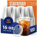 16 oz Clear Plastic Cups with Strawless Sip Lids (100 Pack) - Disposable Iced Coffee Cups for Home Baristas, Spill-Proof Cold Drink Tumblers, Crystal Clear BPA-Free Smoothie Cups, Sturdy & Heavy Duty by StackMan
