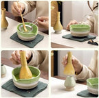 4 Piece Matcha Japanese Ceremony Set, Resin Matcha Whisk, Bamboo Spoon, Bamboo Scoop, Whisk Stand, Perfect Set for Preparing, Yellow - Grid Green - Image 6