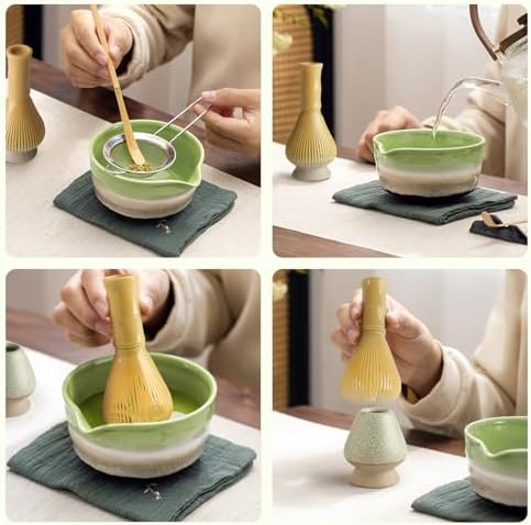 4 Piece Matcha Japanese Ceremony Set, Resin Matcha Whisk, Bamboo Spoon, Bamboo Scoop, Whisk Stand, Perfect Set for Preparing, Yellow - Grid Green - Image 6