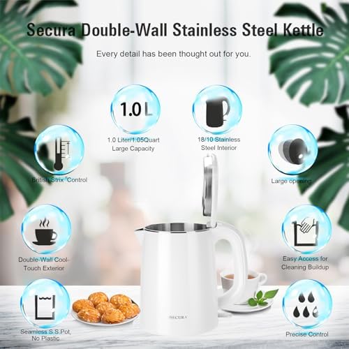 Secura Stainless Steel Double Wall Electric Kettle Water Heater for Tea Coffee w/Auto Shut-Off and Boil-Dry Protection, 1.0L (White) SWK-1001DW/HB-K012 - Image 6