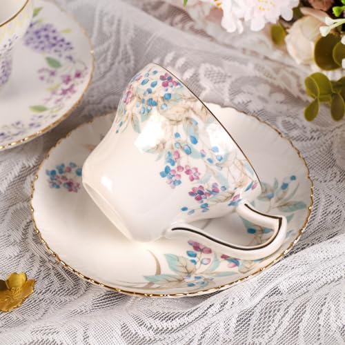 KAMMAK Tea Cups and Saucers Set of 2, 7.4 oz Porcelain Coffee Cups, 573N - Image 7