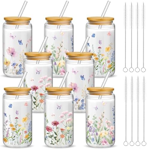 Mumufy 8 Pack Wildflower Glass Cup, 16 oz Tumbler Mug with Bamboo Lid by Mumufy