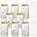 Mumufy 8 Pack Wildflower Glass Cup, 16 oz Tumbler Mug with Bamboo Lid by Mumufy