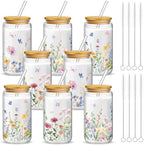 Mumufy 8 Pack Wildflower Glass Cup, 16 oz Tumbler Mug with Bamboo Lid by Mumufy