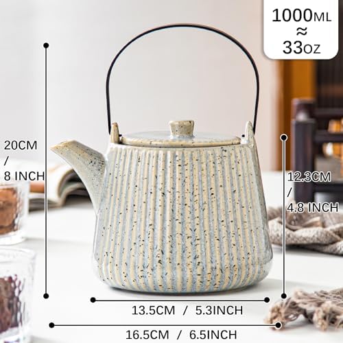 Yundu Ceramic Teapots for Tea, 1000ml/33.8oz Tea Pot with Infusers for Loose Tea, Striped Tea Pot with Removable Tea Infuser - Reactive Grey - Image 2