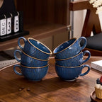 Coffeezone Set of 6 Vintage Design 12 oz Professional Barista Ceramic Latte Art Cappuccino Cups Set (Wave Blue) - Image 6
