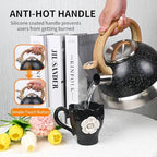 3 Quart Stainless Steel Whistling Tea Kettle – Natural Stone Finish Teapot with Cool-Touch Wood Handle, Loud Whistle & Rust-Resistant Base(black) - Image 6