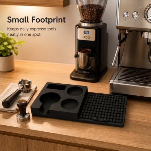 Espresso Tamping Station Mat with Tool Organizer, Silicone Coffee Tamper Mat with 70mm Portafilter Rest, Dual 60mm Holders, Drainage Outlet, Black, 12.4 x 6.2 in - Image 4