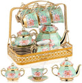 22 Pcs Vintage Porcelain Tea Sets for 6, Green Peony Floral by Suttmin