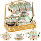 22 Pcs Vintage Porcelain Tea Sets for 6, Green Peony Floral by Suttmin