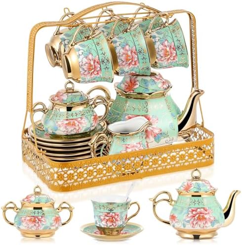 22 Pcs Vintage Porcelain Tea Sets for 6, Green Peony Floral by Suttmin
