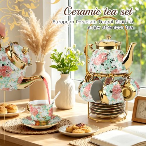 20 Piece Porcelain Tea Set with Metal Holder European Floral Pattern Tea Pot Tea Cup Tea Saucer Teaspoon for Women Adult Party Large Version - Image 2