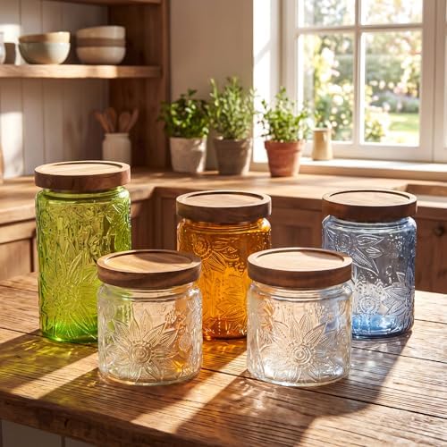Gerrii Multicolor Sunflower Round 5 Pcs Vintage Glass Food Storage Containers 17/24/34 oz Glass Jar with Lid Airtight Candy Food Canisters for Kitchen Counter Pantry Coffee Beans - Image 4