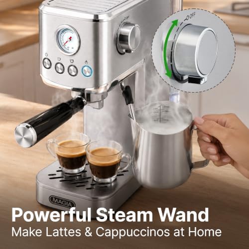 Zulay Magia Compact Espresso Machine – 20 Bar Small Espresso Machine with Milk Frother Steam, Latte & Cappuccino, Mini Espresso Machine 1350W Fast Heating, 40oz Water Tank, Stainless Steel – Silver - Image 4