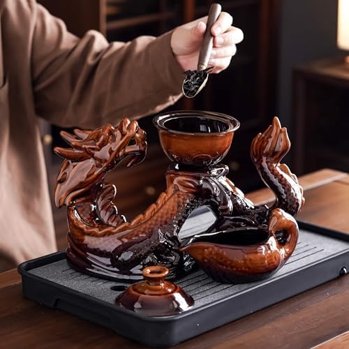 Ceramic Teapot with Infuser Semi Automatic Tea Set Magic Teapot with 8 cups Gradient Color (Yellow Dragon- A) - Image 5