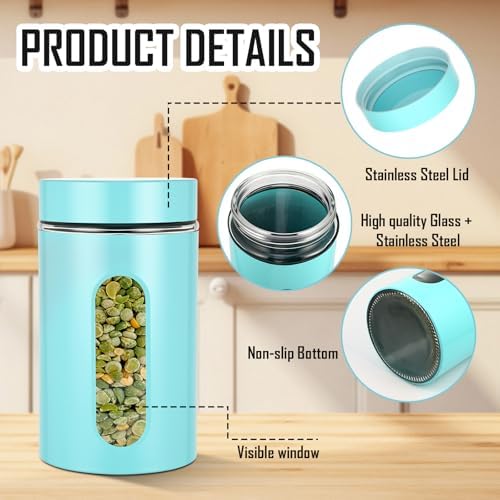 Mimorou 3 Pcs Stainless Steel Canister Set with Glass Windows Visible Storage Jars Silver Kitchen Canister Set for Pasta Flour Oat Sugar Container, Kitchen Tools, Housewarming Gifts(Turquoise,32 oz) - Image 4