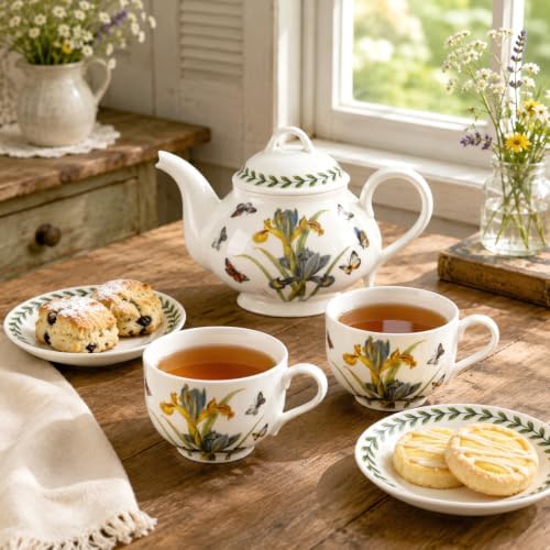 9-piece porcelain tea set with Botanical Floral patterns (for 4 people), including teapot, teacup, and saucer. Iris and Sunflower Pattern Selection. Tea party gift box set. (Iris Pattern) - Image 5