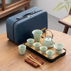 Travel tea set,Portable ceramic tea set,Chinese tea set,Tea sets for adults,Tea pot sets,Portable Travel Bag,Home,Gifting,Outdoor and Office,茶具 (Light green) by Unknown