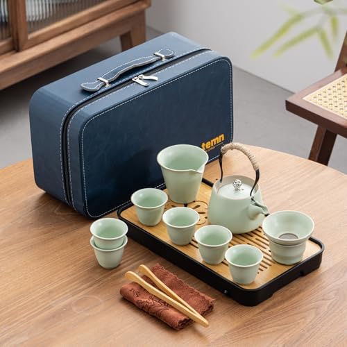 Travel tea set,Portable ceramic tea set,Chinese tea set,Tea sets for adults,Tea pot sets,Portable Travel Bag,Home,Gifting,Outdoor and Office,茶具 (Light green) by Unknown