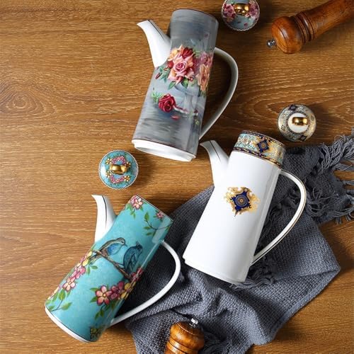 Water Pitcher Ceramic Teapot with Lid Water Pitcher Kitchen Butter Bottle Flower & Bird Finished Wedding Gifts Party Presents 650ML Water Jug(Green) - Image 5