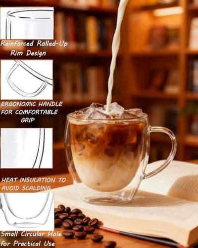 Glass Coffee Cups Set Of 6 - 8.5oz Double Walled Glass Coffee Mugs with Handle,Clear Insulated Borosilicate Glass Mug,Suitable for Cappuccino,Tea,Latte,Hot Beverage and Wine (6 Pack 8.5oz +6 Spoons) - Image 5