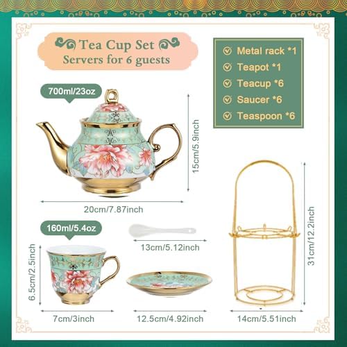 20Pcs Porcelain Tea Set for Adults, European Ceramic Tea Set Flower Ceramic Tea Cups (5.4oz), Teapot (23.67oz), & Saucers with Metal Holder for Women Tea Party (Green) - Image 4