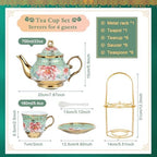 20Pcs Porcelain Tea Set for Adults, European Ceramic Tea Set Flower Ceramic Tea Cups (5.4oz), Teapot (23.67oz), & Saucers with Metal Holder for Women Tea Party (Green) - Image 4