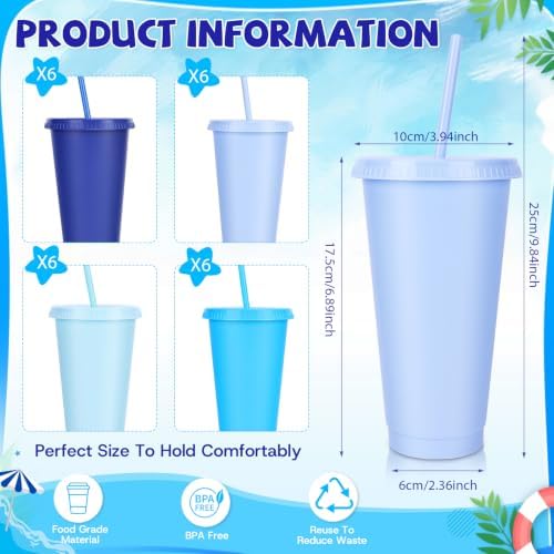 24 Pack Plastic Tumblers with Lids and Straws, Reusable Cups with Lids Plastic Colorful Cups for Parties Birthdays, Iced Coffee Cup Cold Drink Cups Bulk Tumblers (24 oz, Gradient Blue Colors) - Image 3
