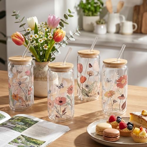 Mumufy 8 Sets Vintage Flower Glass Cups with Lids Straws Bulk, 16 Oz - Image 4