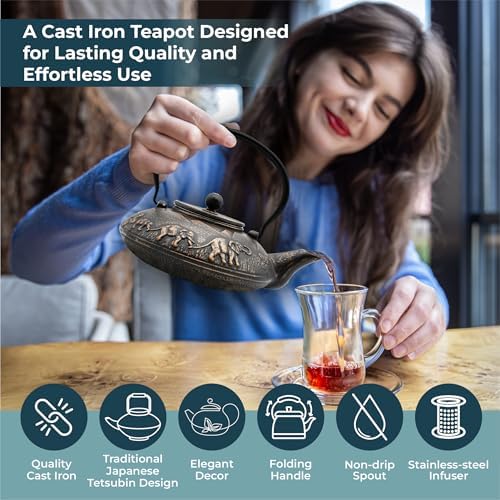 Zen Minded Traditional Japanese Cast Iron Tetsubin Stovetop Teakettle Teapot with Stainless-steel Mesh Loose-leaf Filter for Green Tea & Infusions 1.1L Elephant Pattern - Black & Gold - Image 3