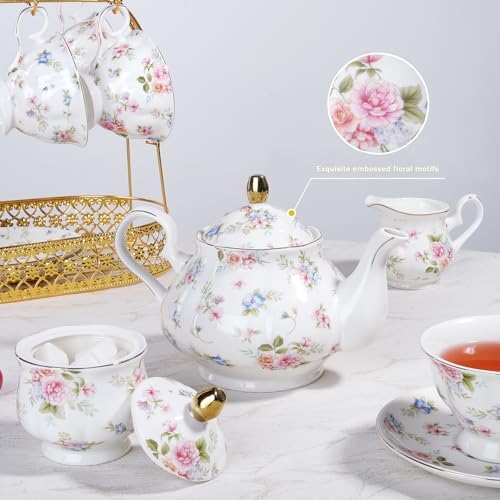 fanquare 21 Piece Vintage Pink Blue Floral Porcelain Tea Set with Gold Trim - Image 3