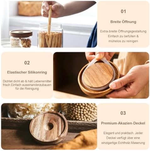 Glass Jars with Airtight Wood Lids - Small Large Kitchen Pantry Storage Containers, Canisters for Spaghetti, Noodles, Pasta, Ground Coffee, Sugar, Cereal, Spice, Salt, Salad, Matcha, Set of 5 - Image 3
