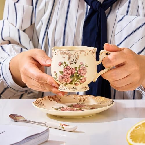Tea Cups and Saucers Set of 2, 8 Oz (Pink Rose) - Image 2