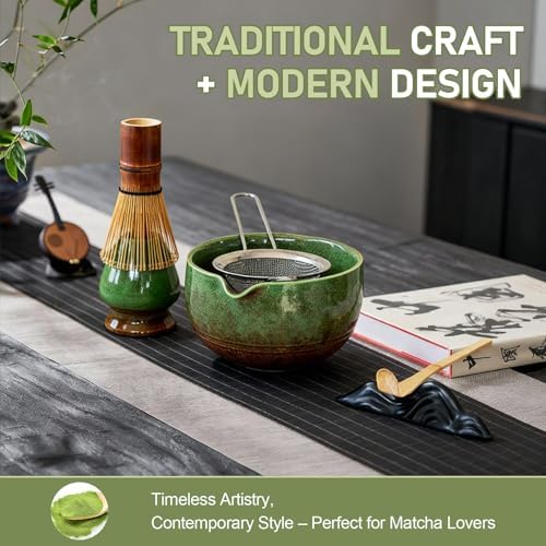 7-Piece Japanese Matcha Whisk Set - Ceramic Bowl, 100-Prong Wooden Chasen, Stainless Steel Sifter, Scoop, Whisk Holder, Tea Towel - Green, Size 24 - Image 3