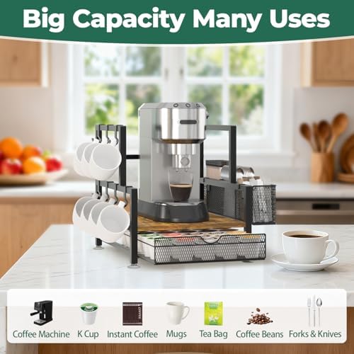EsLuker.ly Coffee Bar Station Organizer with K Cup Drawer, 7 Mug Hooks - Image 6