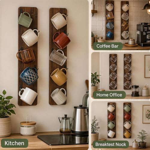 Wooden Coffee Mug Holder Wall Mount, Practical Mug Rack Wall Mounted, 2 Pack 12 Hooks Storage Shelf for Home Office Dining Room Kitchen Bar - Image 4