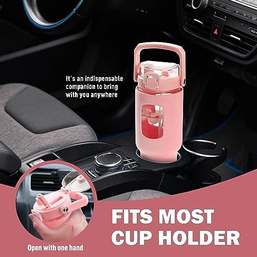 BLUEGO 40oz Glass Tumbler with Lid and Straw, Glass Water Bottles with Handle, Glass Cup with Time Marker and Silicone Sleeve, Fits Most Cup Holder, Leak-proof, Pink - Image 5