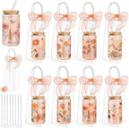 Mumufy 8 Sets Vintage Flower Glass Cups with Lids Straws Bulk, 16 Oz by Mumufy
