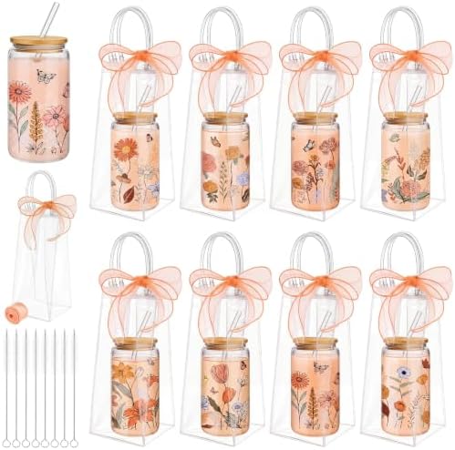 Mumufy 8 Sets Vintage Flower Glass Cups with Lids Straws Bulk, 16 Oz by Mumufy