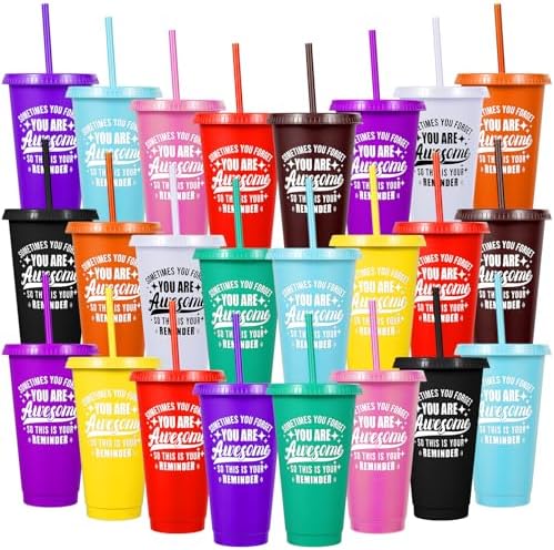 24 Pack Plastic Tumblers with Lids and Straws, Sometime You Forget You Are Awesome Gifts Reusable Cups with Lids Colorful Cups for Party, Iced Coffee Cup Bulk Tumbler (24 oz, Stylish Colors Printed) by LEIFEOSH