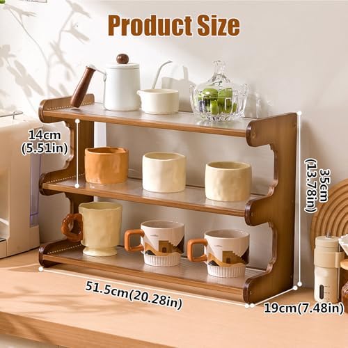 Wooden Mug Display Holder, Bamboo Wood Coffee Mug Organizer Countertop, Counter Shelf for Tea Coffee Bar Accessories, Matcha Stand, Kitchen Condiment Storage Rack,3tier,20.28IN - Image 2