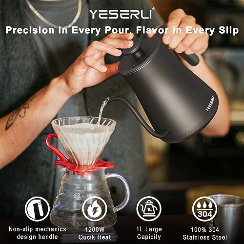 1200W Gooseneck Kettle with ±1℉ Temperature Control,Pour Over Electric Kettle for Coffee & Tea,Digital Display,4 Temp Preset,12H Keep Warm,100% Stainless Steel,Rapid Heating,1L,Matte Black - Image 3